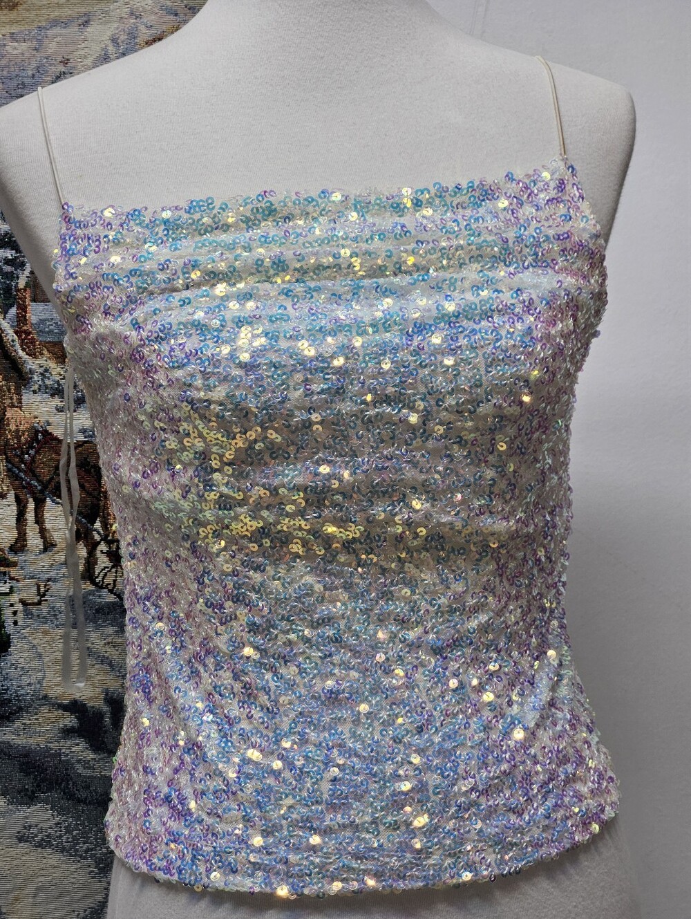 Honey & Sparkle Iridescent Sequin Spaghetti Strap Tube Top Size S Y2K Coquette - Picture 2 of 10